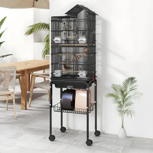 Uforic 62" Large Metal Bird cage with Rolling Stand, Slide-Out Tray,3 Perches and 4 Feeders, Black